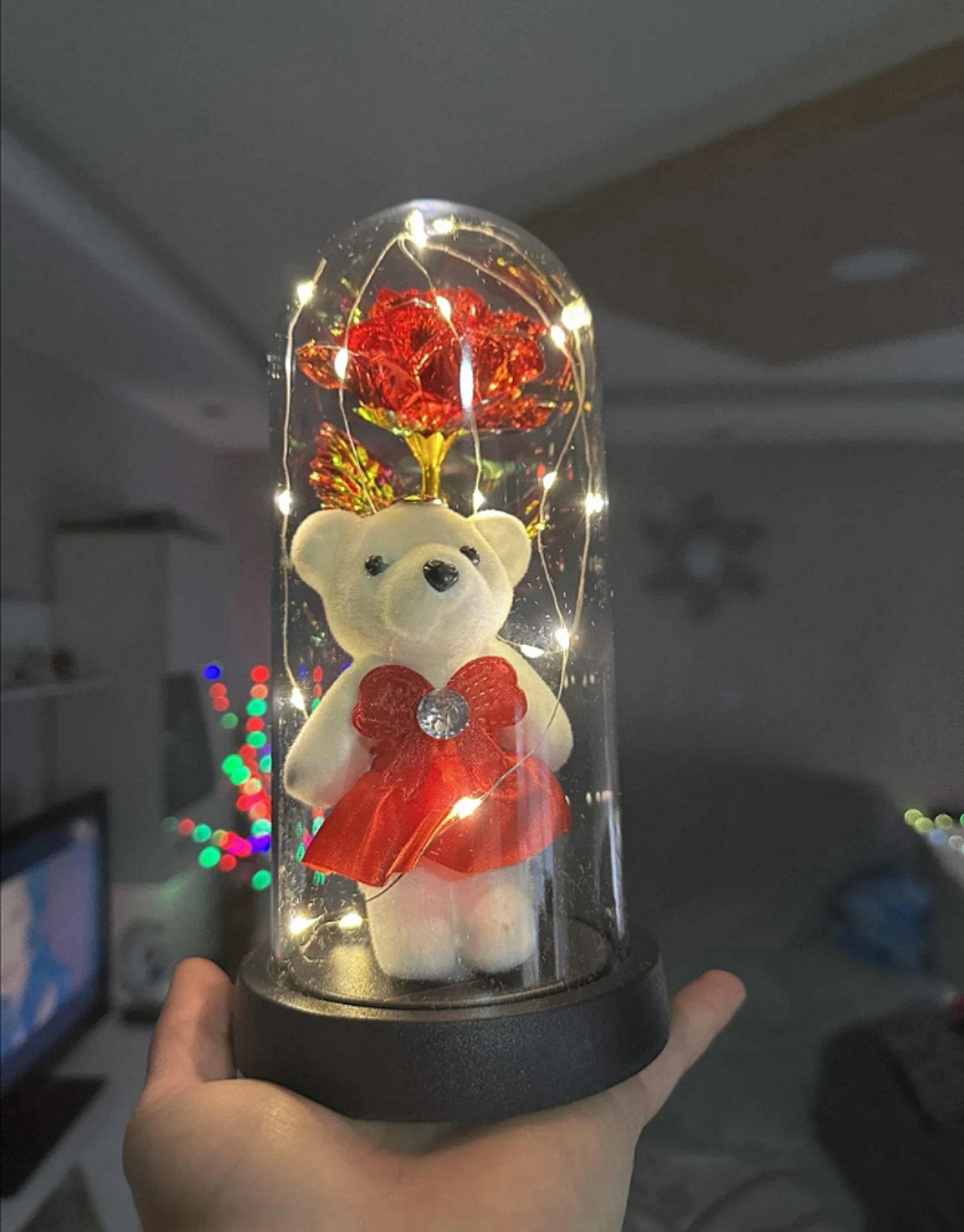 Detaljan prikaz plišanog medvedića sa srcem na čelu unutar staklene kupole.