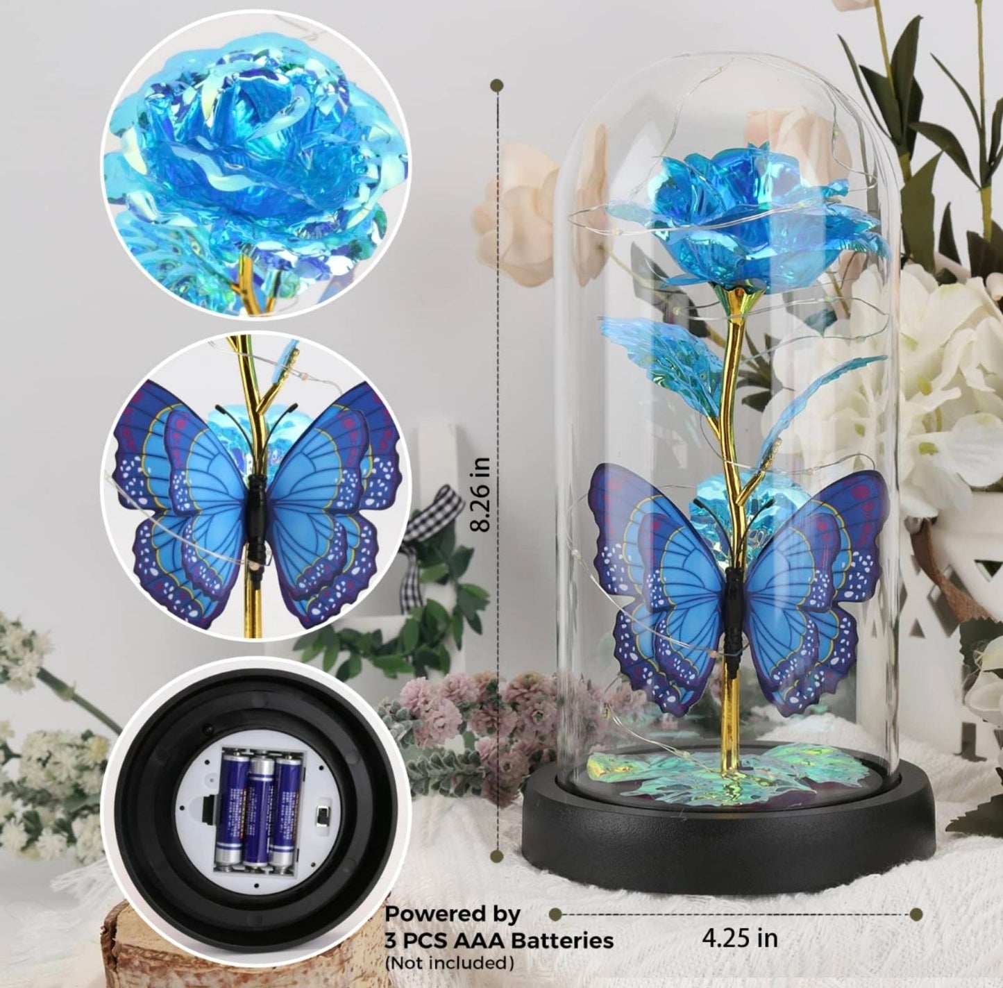 Večna plava ruža u staklenom zvonu sa plavim leptirom – savršen poklon za posebne prilike