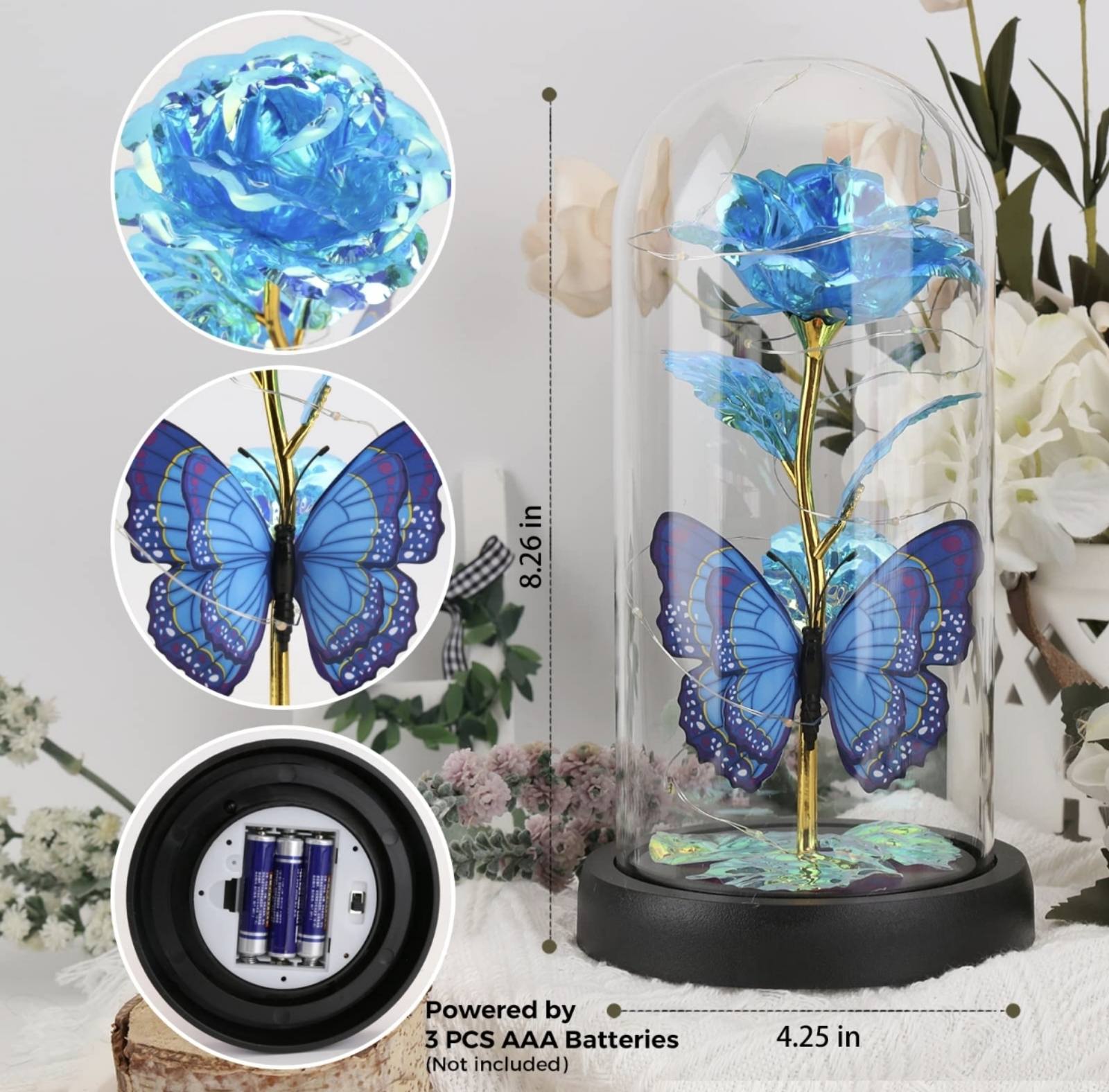 Večna plava ruža u staklenom zvonu sa plavim leptirom – savršen poklon za posebne prilike