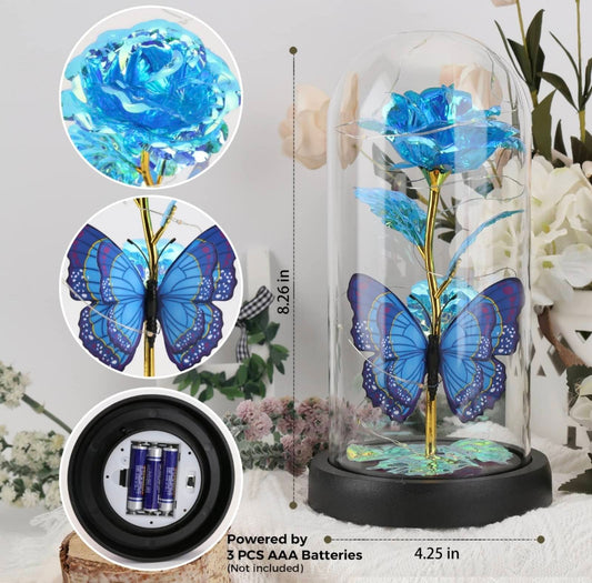 Večna plava ruža u staklenom zvonu sa plavim leptirom – savršen poklon za posebne prilike