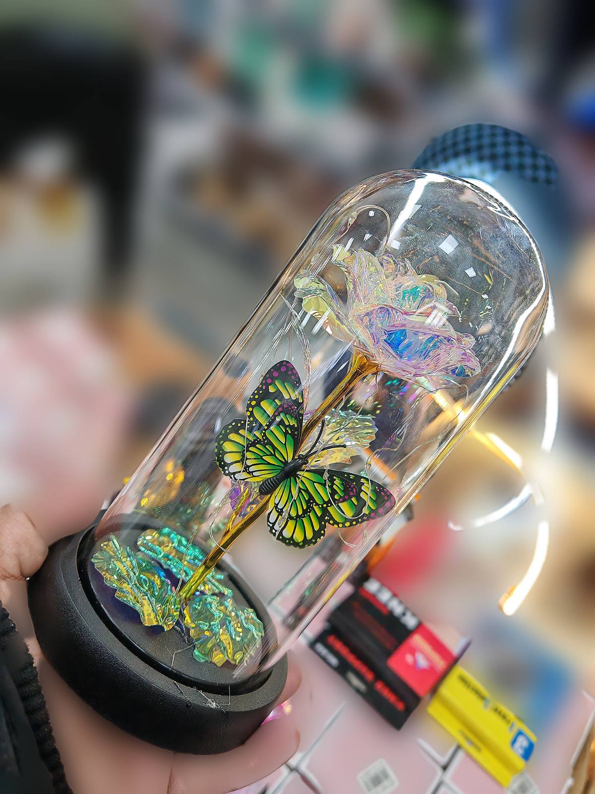 Detaljan prikaz raznobojne ruže sa zelenim leptirom u elegantnom staklenom zvonu