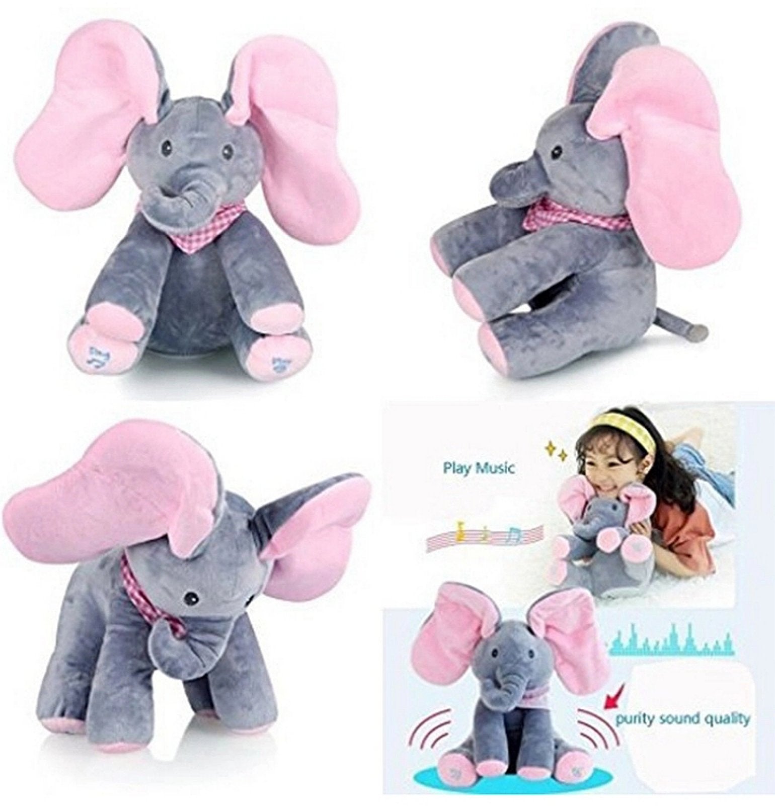 Flappy, plišani slon sa zabavnim funkcijama, sedi na krevetu i čeka zagrljaj