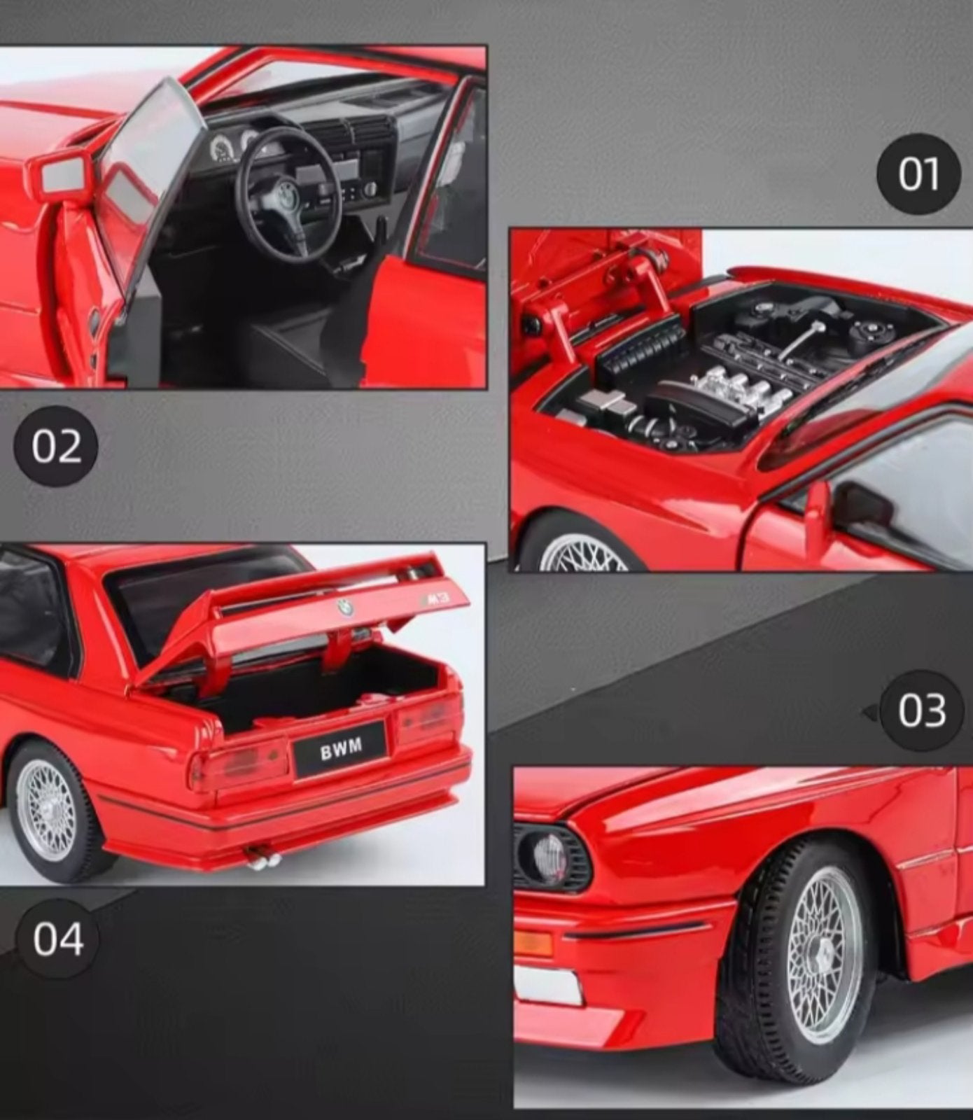 Metalni Bmw E30 M3 sa svetlecim farovima koji otvara vrata haubu i gepek