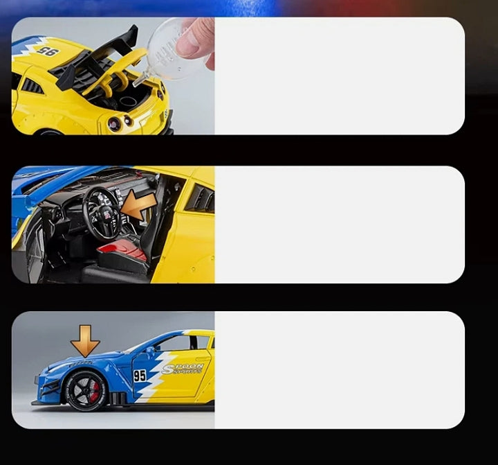 🏁 Nissan GT-R R35 – Metalni model sa svetlosnim i dimnim efektima!